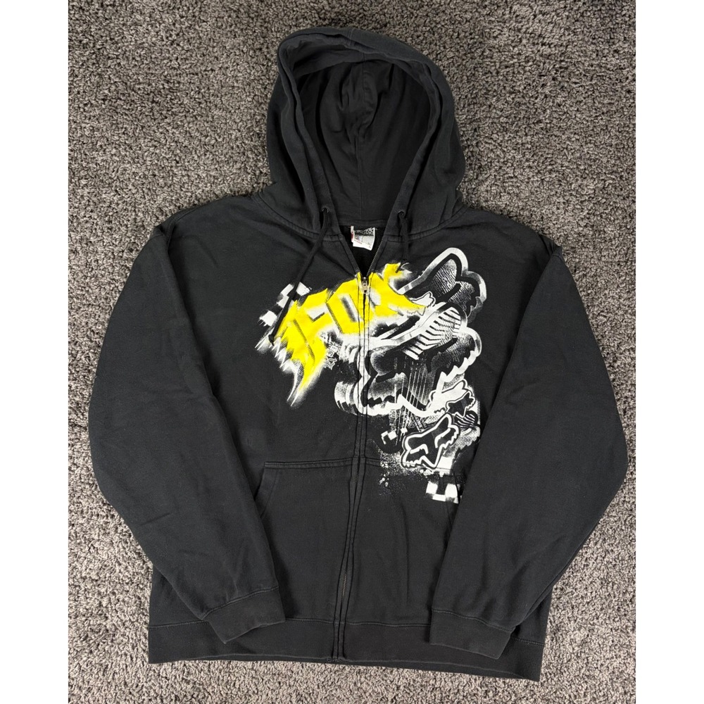 Fox Racing Hoodie Mens XL Black Full Zip Y2K Graphic Motocross Sweatshirt